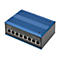 Blau-schwarzer Industrial Gigabit Switch. Aufschrift DIGITUS, 8 Ports. Beschriftung: Industrial 8-Port Gigabit Switch.