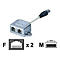 Ein grauer Ethernet-Splitter mit zwei Anschlüssen und einem Kabel. Darunter Piktogramme.