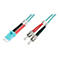 Zwei Glasfaserkabel mit blauen und farbigen Enden und nummerierten Markierungen.