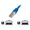Blaues Netzwerkkabel mit RJ45-Stecker, begleitet von zwei grafischen Symbolen mit dem Buchstaben M.