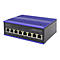 Industrieller 8-Port-Ethernet-Switch. Schwarzes Gehäuse mit blauer Oberseite. Ports, Beschriftung und grüne LEDs.