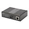 Ein schwarzer Industrial Gigabit PoE Media Converter von Digitus. Auf der Vorderseite sind Anschlüsse und Kontrollleuchten zu sehen.