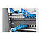 Blaue Netzwerkkabel sind mit einem Switch verbunden. Es handelt sich um eine Nahaufnahme einer Server-Rack-Einheit.