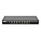 Schwarzer Switch mit acht Ports, vor weiÃŸem Hintergrund. Ports sind beschriftet, Logo links.