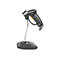 Un lecteur de codes-barres noir avec un bouton jaune, monté sur un col et une base en métal flexible.