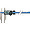 Digital caliper showing 18.24. Blue and white ruler. Black control element with digital display.