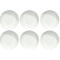 Six white, round plates arranged side by side.