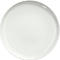 White, round plate. Smooth surface and slightly raised edge.