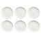 Six round, white plates, all the same size and arranged in two rows.