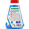 Back of a blue cleaning bottle with a red lid. Writing and warning labels, a recycling symbol, and the words "250 ml e" are visible.