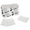 A pack of paper napkins and loose napkins. The packaging is white, printed with text and barcodes. The napkins are white.