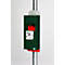 Groene hondenpoepzakdispenser met een sticker van een hond en zonnebloem, bevestigd aan een metalen paal. Een asbak bovenop.