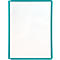 A white sheet of paper in a teal frame. A recess in the middle at the top.