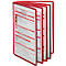 Red document folder with open foils. Information and warning symbols can be seen on the pages.