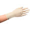 A hand wearing a light latex glove pulled over the wrist. The background is white.