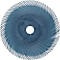 Roue abrasive bleue avec des soies en spirale et un trou central. Texte sur la roue.