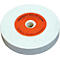 Une meule blanche avec un centre orange contenant des informations sur le fabricant.