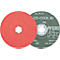 Deux disques abrasifs. Un disque rouge avec un trou au milieu. À côté, un disque vert avec l'inscription CO-COOL 80, le logo Pferd et des informations.