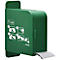 Distributeur de pansements adhésifs vert, monté sur le côté, avec instructions. Marque Plum QuickSoft. Quelques pansements sont visibles.