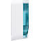Distributeur mural blanc avec une fenêtre transparente bleu clair pour vérifier le niveau de remplissage.