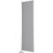 Gray freestanding room divider with silver, round base and vertical pole.