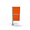 A freestanding orange screen system with silver frames and base against a white background.