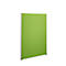 A green office partition with silver frame. The panel is standing in front of a white background.