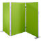 Green, folding room divider element made of fabric with silver frames.