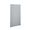 Gray, rectangular office partition with silver frame. Stands on two small feet.
