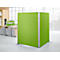 Green office partition in a bright office with windows. Desks and office furniture in the background.