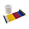 Thermosublimations-Druckerfarbband mit CMY-Farben und eine Rolle weißes Trägerpapier auf weißem Hintergrund.