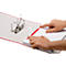 Hands holding a file folder with red closure and paper. The folder is open, the paper is being put in.