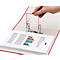 Opened red file folder. Hand lifting red closure. A diagram is shown on the paper.