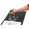 A hand opens a black binder. The locking mechanism is being operated.