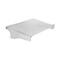 Clear, rectangular acrylic plate with rounded edges, bent upwards on one side. On a white background.