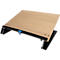 A wooden laptop stand with black accents and a blue accent. The stand is slightly angled.