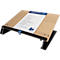 Wooden desk lectern with black paper holder. A sheet of paper with text rests on it.