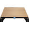 A light wood laptop stand on black feet. There's a black strip at the bottom. A blue logo is attached in the middle.