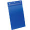 Blue document holder with metal bracket and hole for hanging.