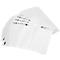 A stack of white plastic bags fanned out against a neutral backdrop. The bags feature black symbols and text.