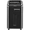 Paper shredder with control panel and logo. Black body with silver sides and rollers.