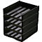 Black, stacked file rack with four compartments. Each compartment is corrugated and has a narrow, raised edge.