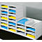 White file organizer with compartments filled with yellow and blue papers.
