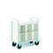White cart with six compartments, attached to a metal structure, standing against a white background.