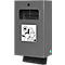 Gray dog waste bag dispenser with a sticker of a cartoon dog and sunflower. Bags are taken from below.