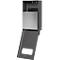 Grey metal box, open door, rectangular cutout, hinge.