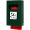Green dog waste bag dispenser with red bag roll. Sticker with dog and flower.