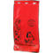 Red dog poop bag. It shows pictograms, a dog with flowers, and text.
