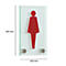Glass women's toilet sign with red figure and brackets.