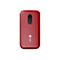 Rotes Handy mit abgerundeten Ecken, schwarzem Sensor oben und Doro-Logo unten. Auf weißem Hintergrund.